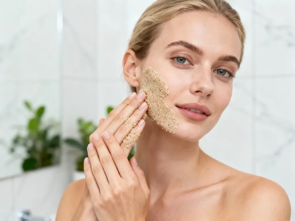 Kobieta wykonuje peeling twarzy w nowoczesnej łazience, przygotowując skórę do golenia lub codziennej pielęgnacji.