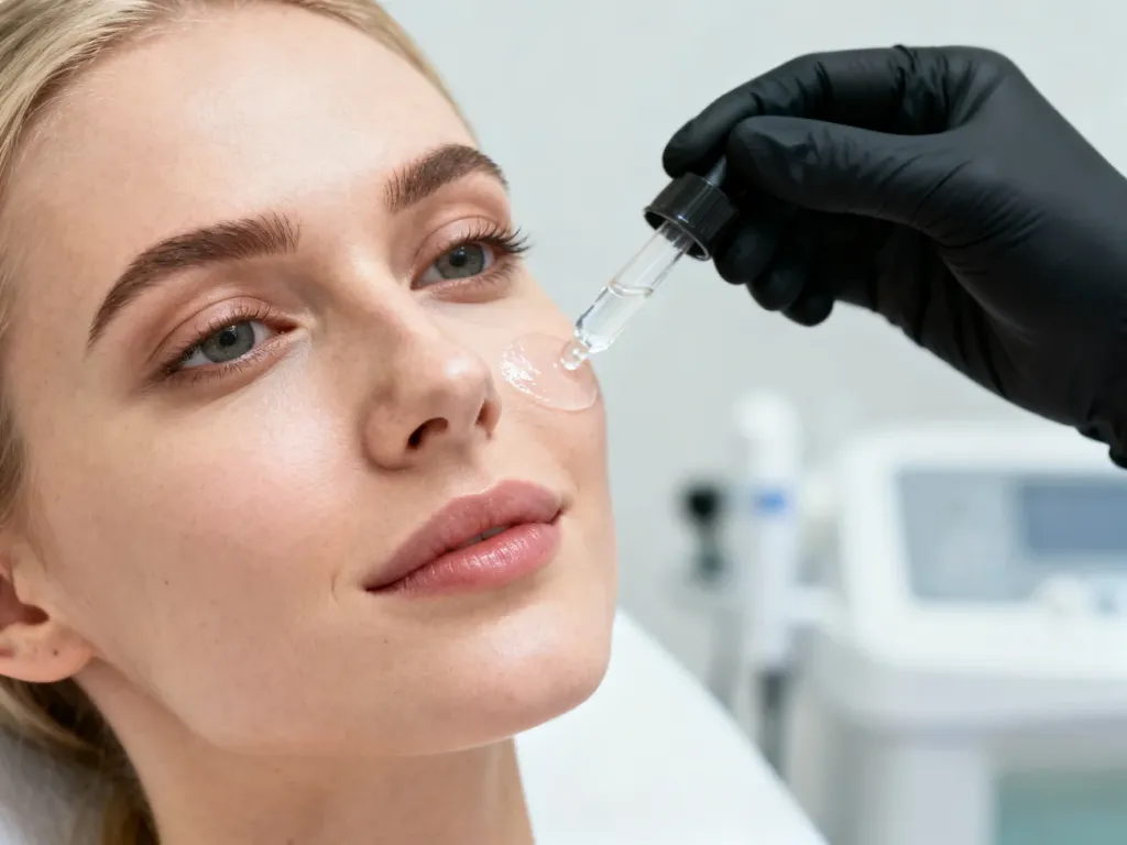 Dermatolog nakłada profesjonalny preparat złuszczający na twarz pacjentki podczas zabiegu peelingu chemicznego.