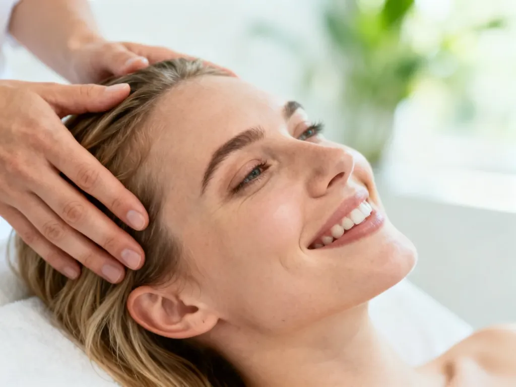 Uśmiechnięta kobieta podczas relaksującego masażu skóry głowy w profesjonalnym spa.